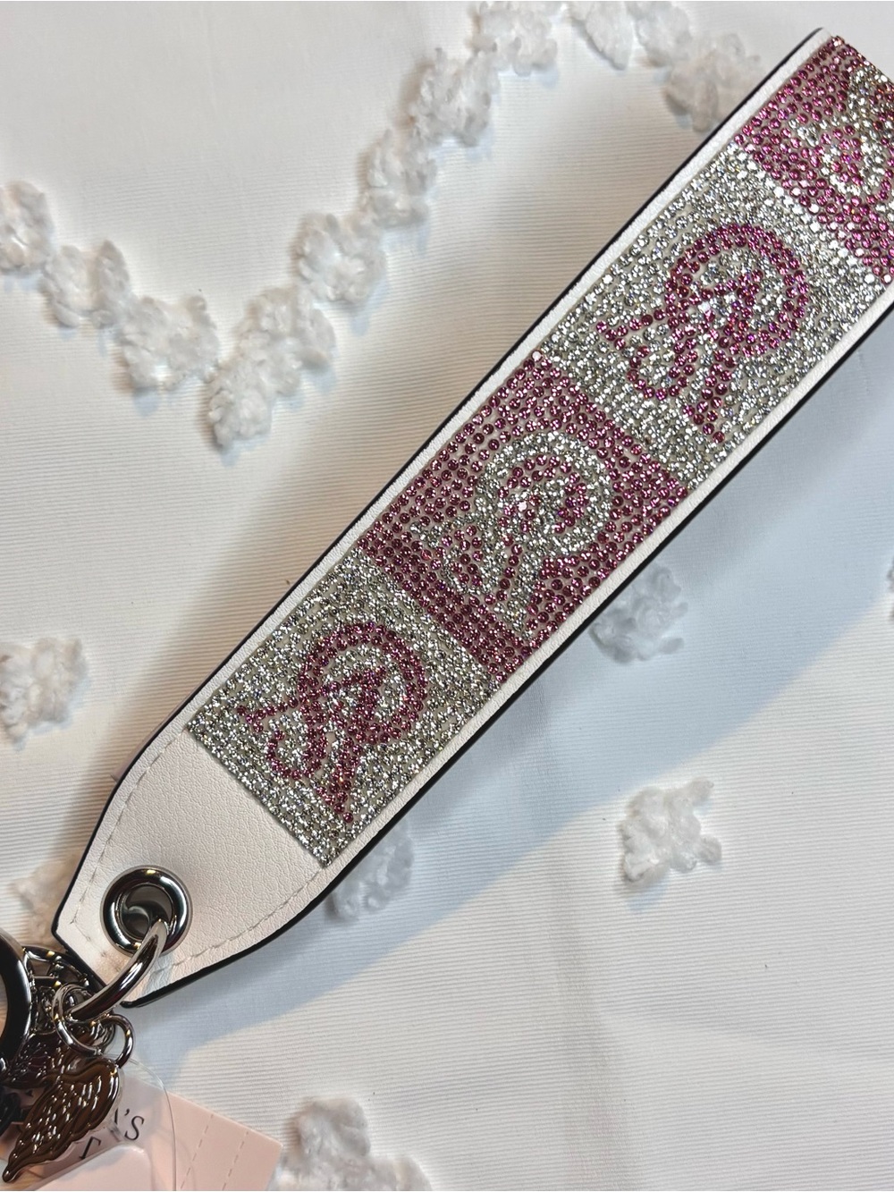 Victoria's Secret White Wristlet Keychain with Pink & Silver Rhinestones